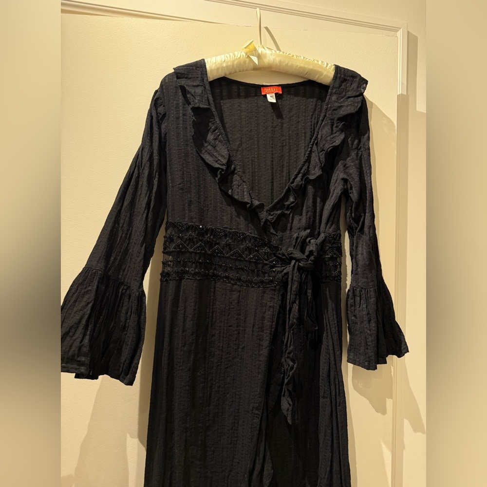 NU Resort Black Ruffled Wrap Maxi Dress with Mesh Beaded Waistline & Tie Waist - Picture 5 of 7